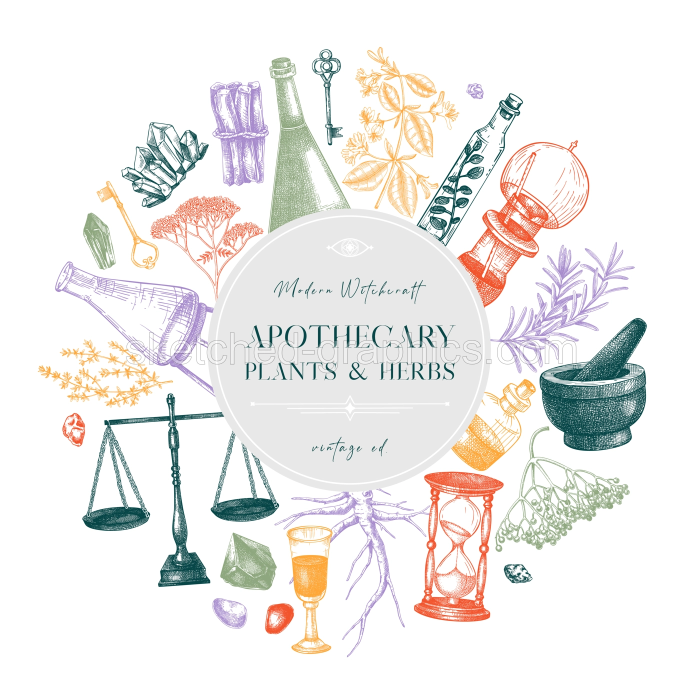 Antique apothecary wreath. Hand-drawn vector illustrations. Alchemy sketches. Witchcraft background. Chemistry flyer design. NOT AI generated Illustration